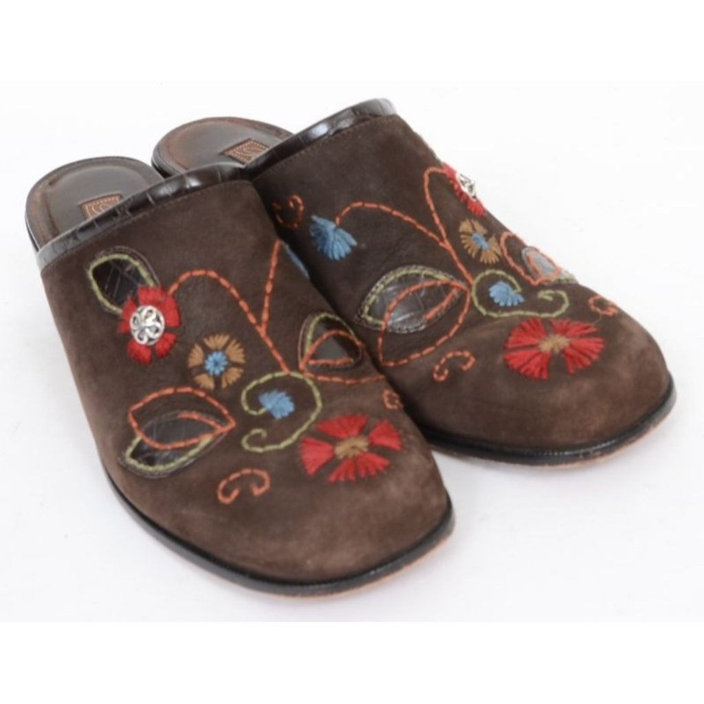 Brighton Fiona Women 8 Brown Suede Colorful Flowers Slide Mules Western Festival — image 4 of 8